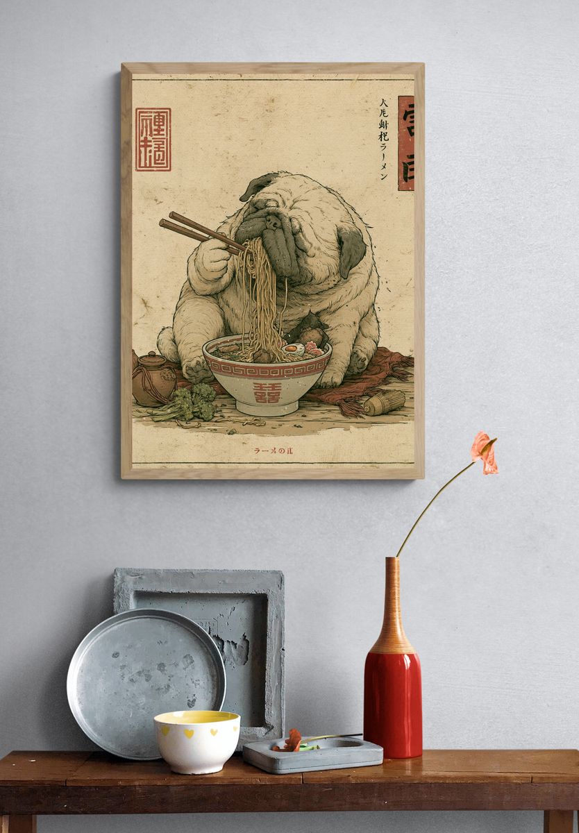 Pug Ramen Vintage Illustration Poster. — room view 3