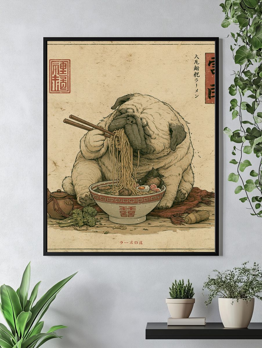 Pug Ramen Vintage Illustration Poster. — room view 4