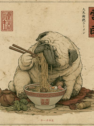 Pug Ramen Vintage Illustration Poster. poster