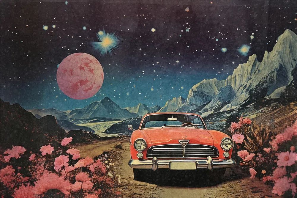 Surreal car space image paper. poster — vintage art
