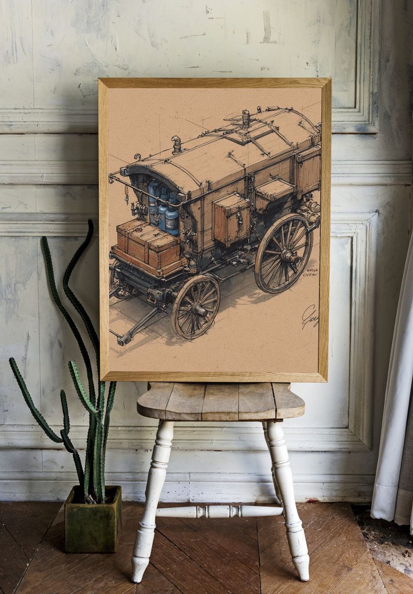 Vintage Steam Wagon Sketch Poster. room preview