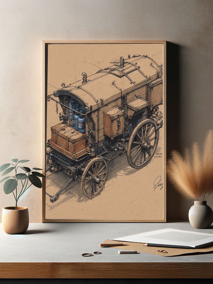 Vintage Steam Wagon Sketch Poster. — room view 2
