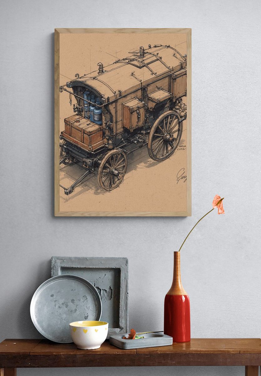 Vintage Steam Wagon Sketch Poster. — room view 3
