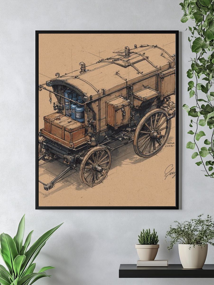 Vintage Steam Wagon Sketch Poster. — room view 4