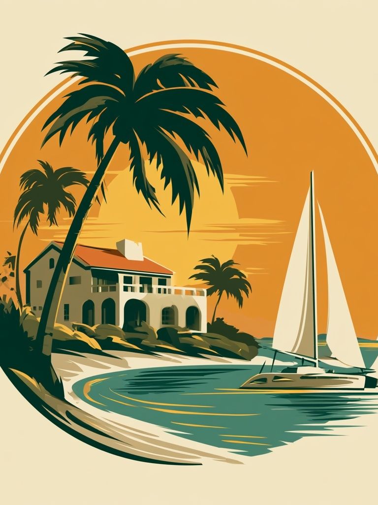 Tropical Sailboat Sunset Vintage Print. poster — vintage art