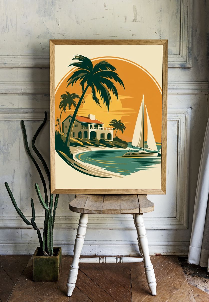 Tropical Sailboat Sunset Vintage Print. room preview