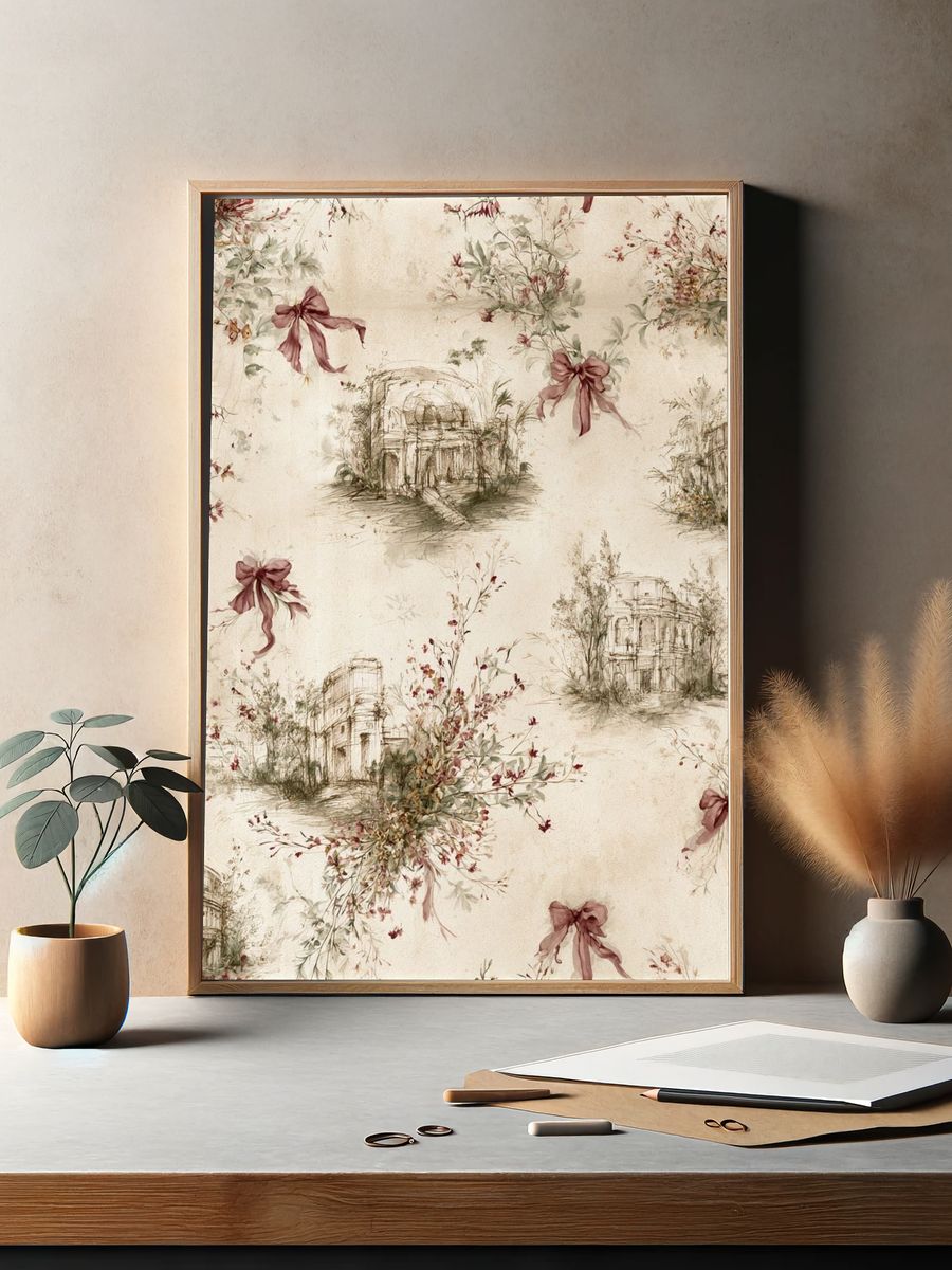 Vintage Floral Sketch Pattern Print. — room view 2
