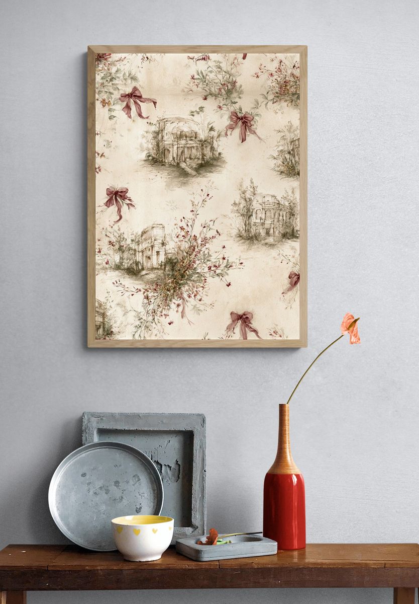 Vintage Floral Sketch Pattern Print. — room view 3