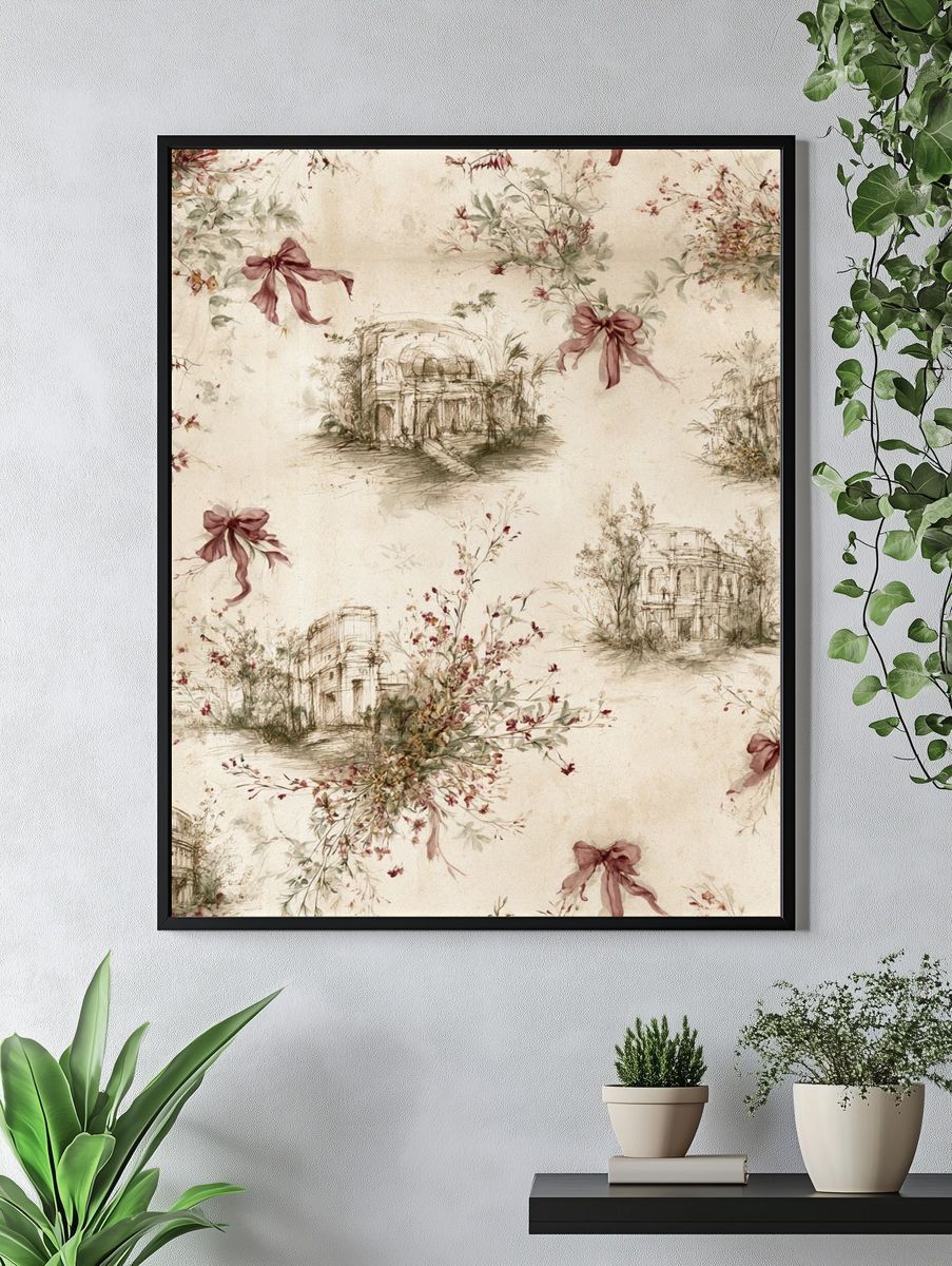 Vintage Floral Sketch Pattern Print. — room view 4