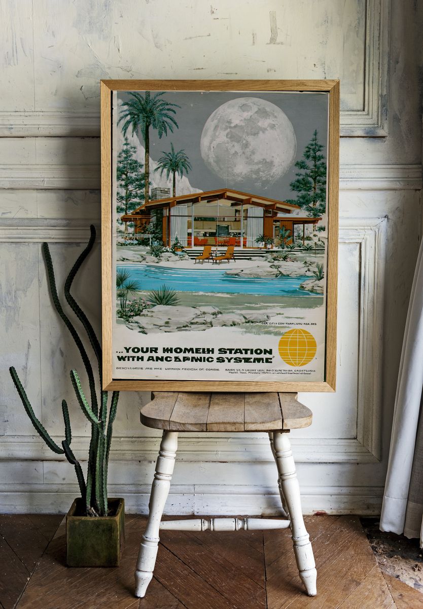 Moonlit Modern House Vintage Poster. room preview