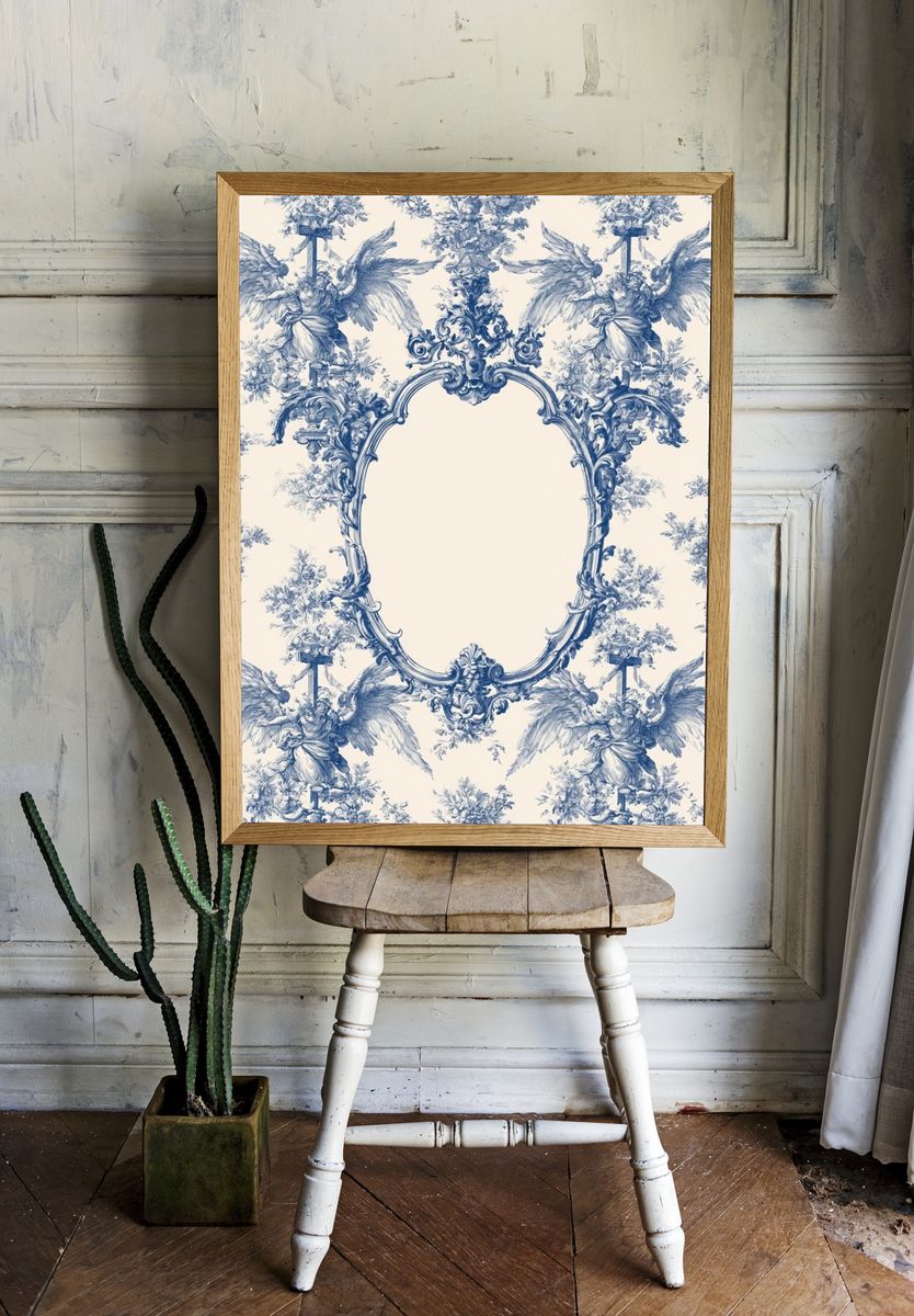 Blue Toile Cherubs Vintage Print. — room view 1