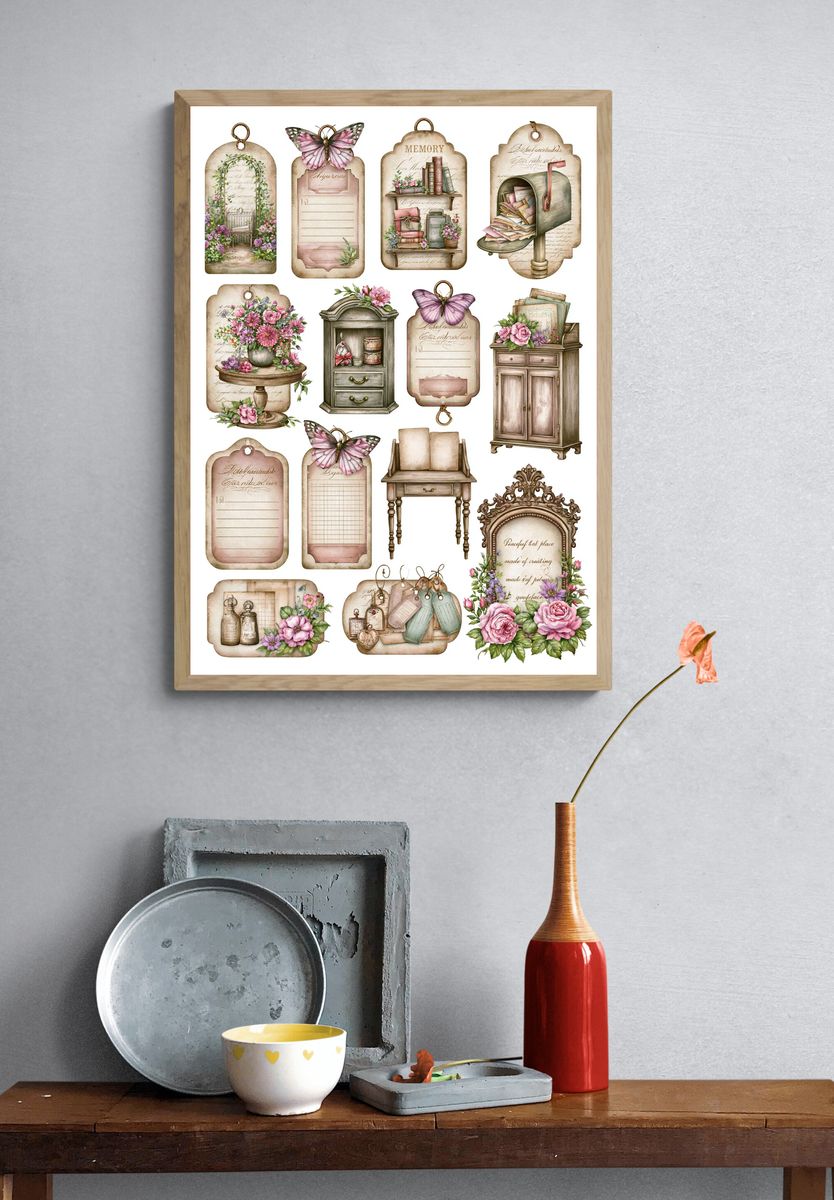 Vintage Floral Ephemera Collage Poster. — room view 3