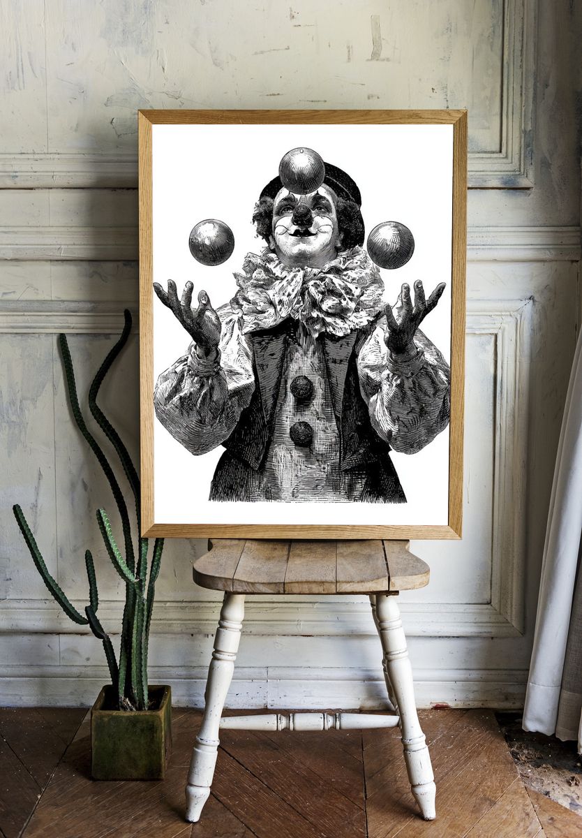 Vintage Clown Juggler Print. room preview
