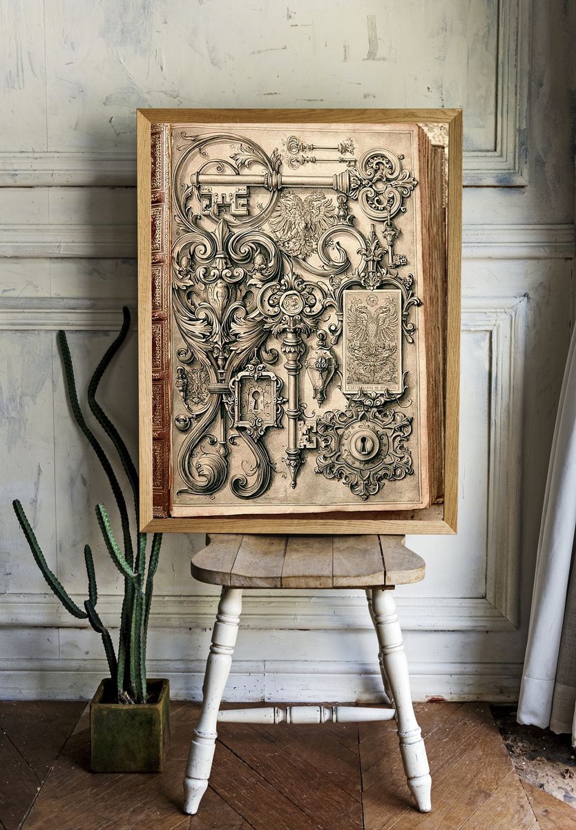 Ornate Antique Keys Vintage Print. — room view 1