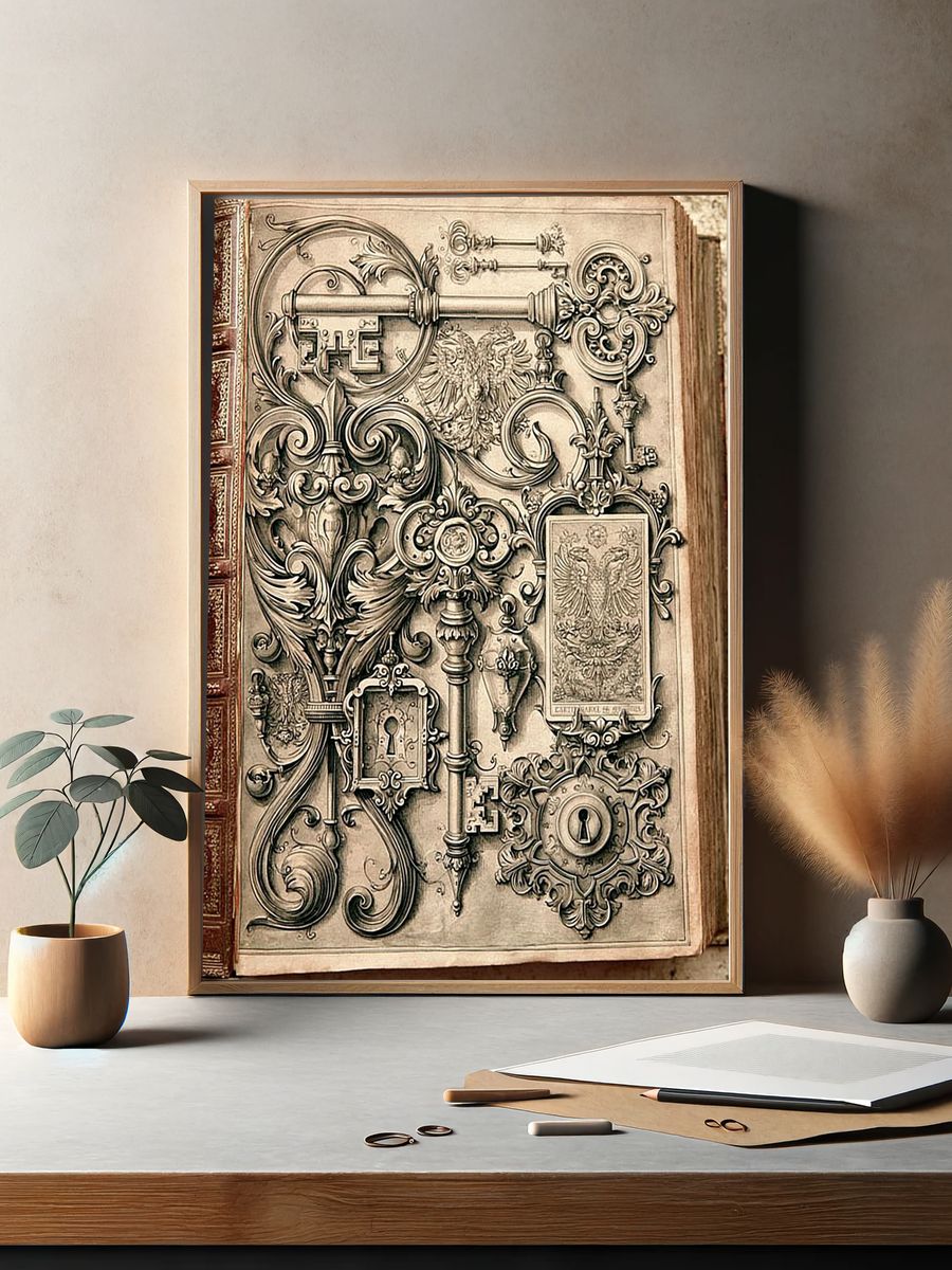 Ornate Antique Keys Vintage Print. — room view 2