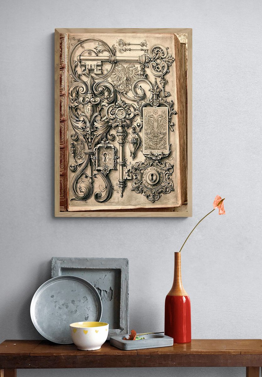 Ornate Antique Keys Vintage Print. — room view 3