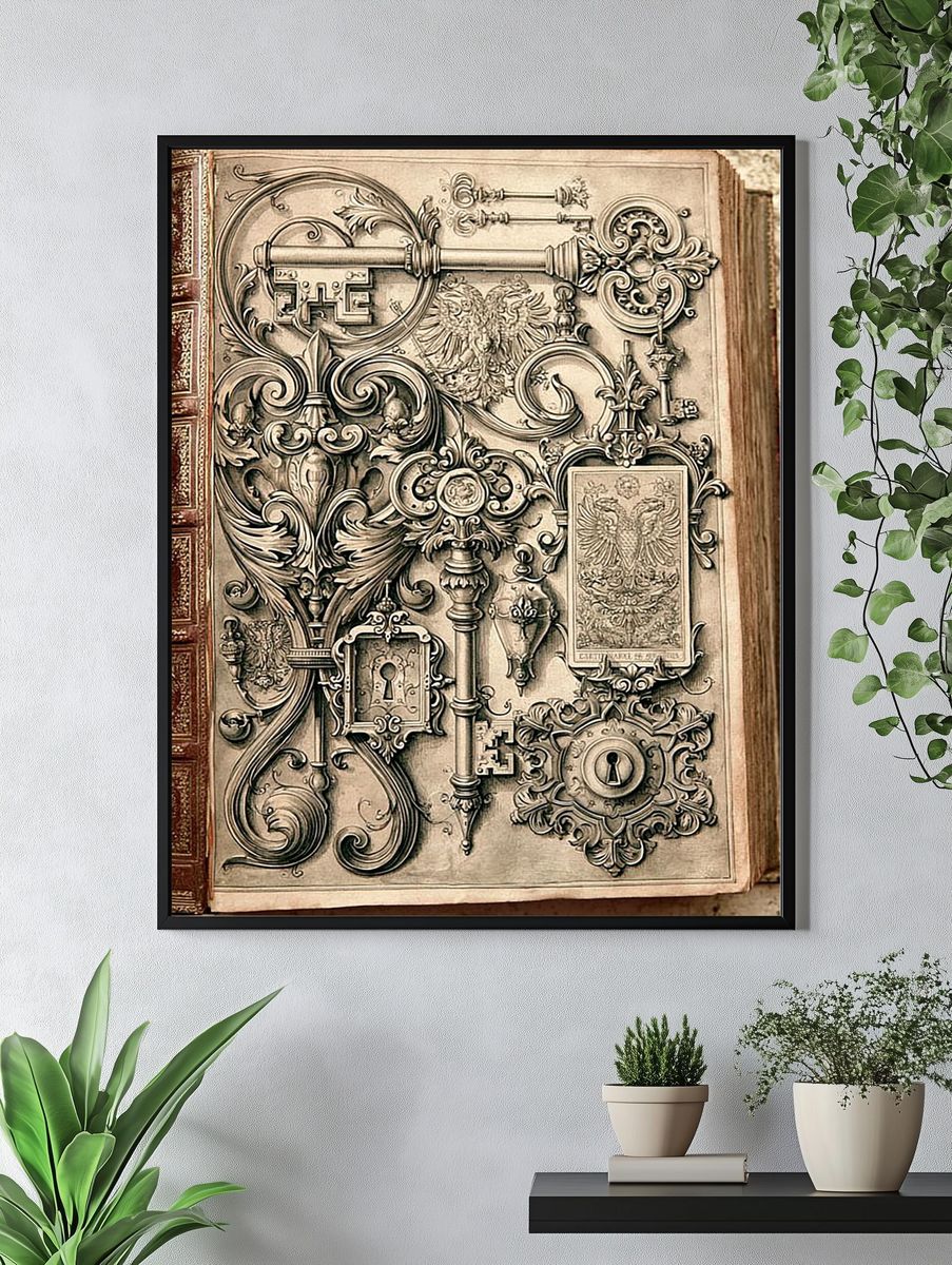 Ornate Antique Keys Vintage Print. — room view 4