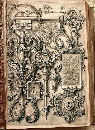 Ornate Antique Keys Vintage Print.