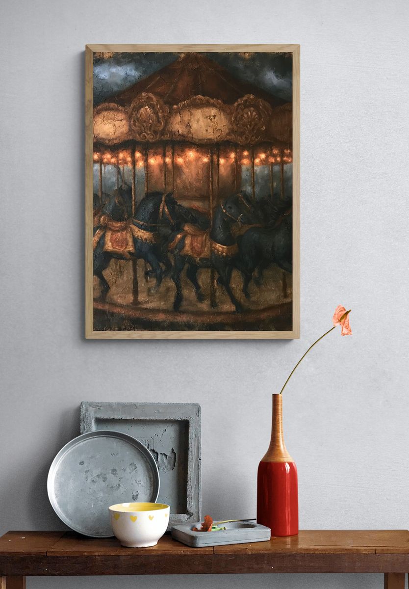 Vintage Carousel at Night Poster. — room view 3