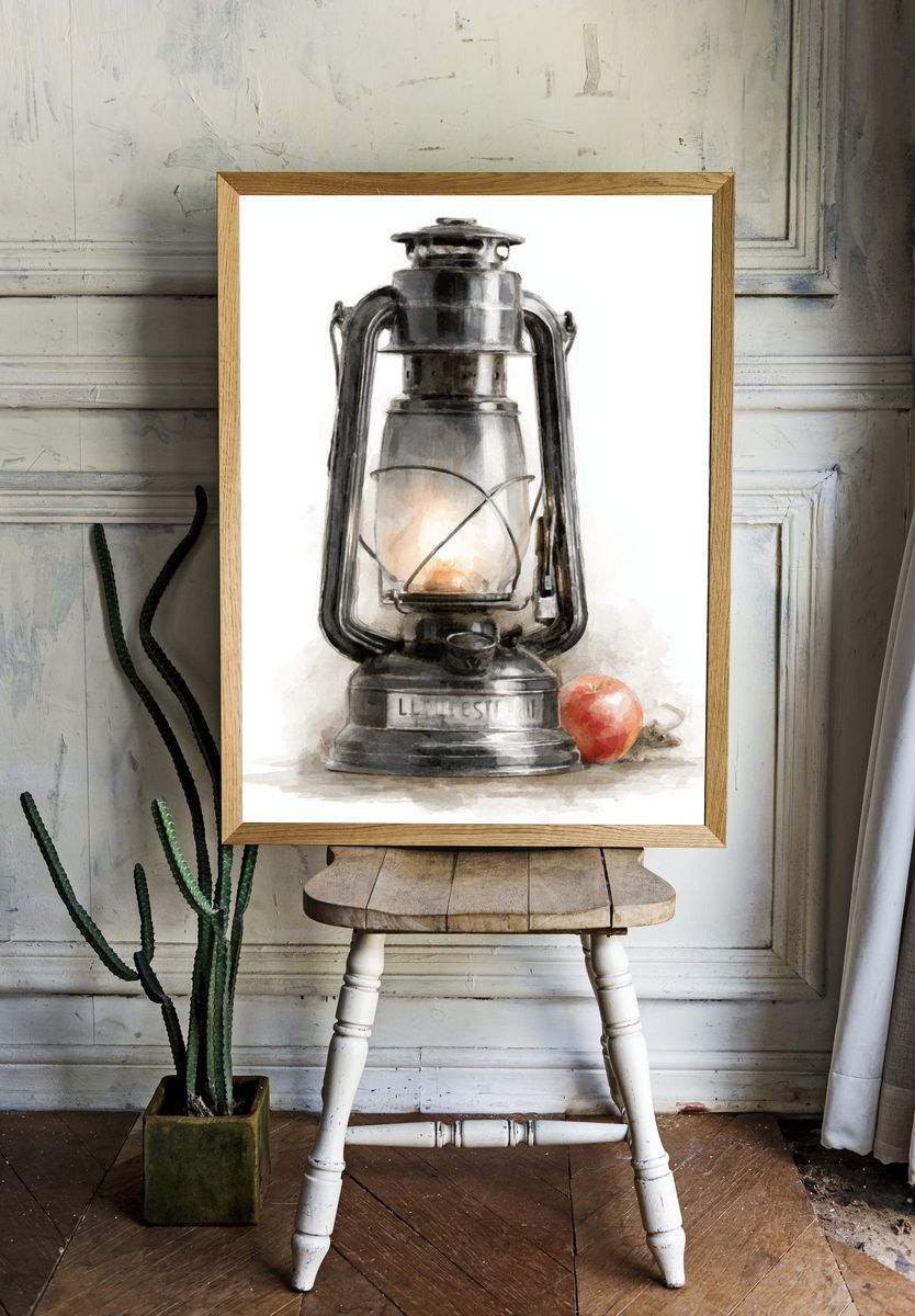 Vintage Lantern Still Life Print. room preview