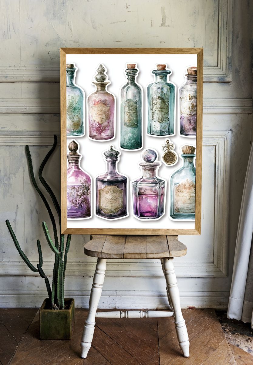 Vintage Apothecary Bottles Print. — room view 1