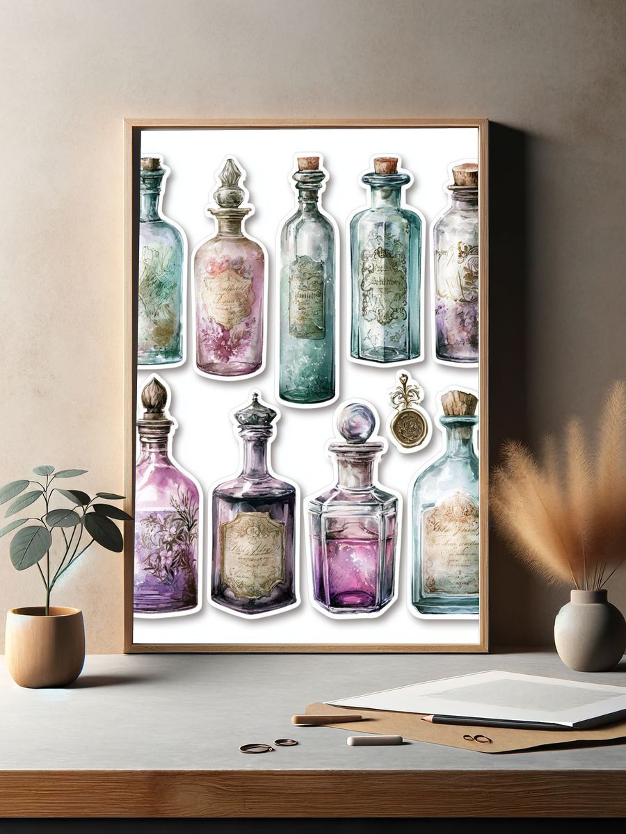 Vintage Apothecary Bottles Print. — room view 2