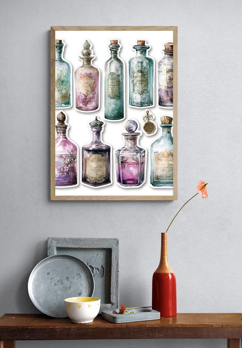 Vintage Apothecary Bottles Print. — room view 3