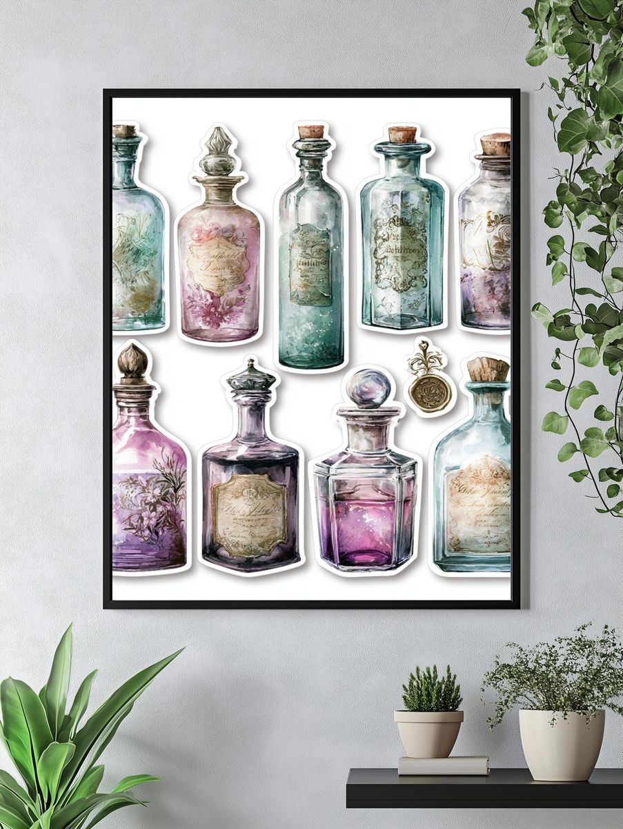 Vintage Apothecary Bottles Print. — room view 4