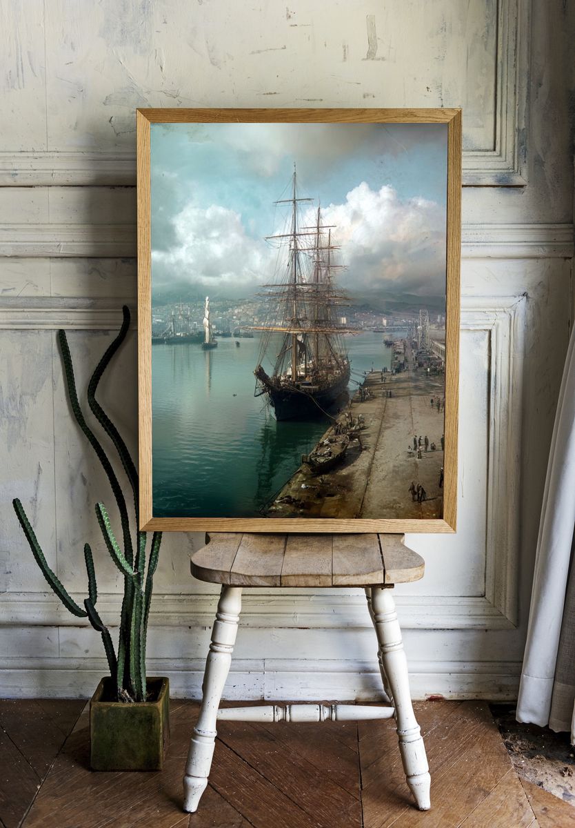 Harbor Tall Ship Vintage Print. — room view 1