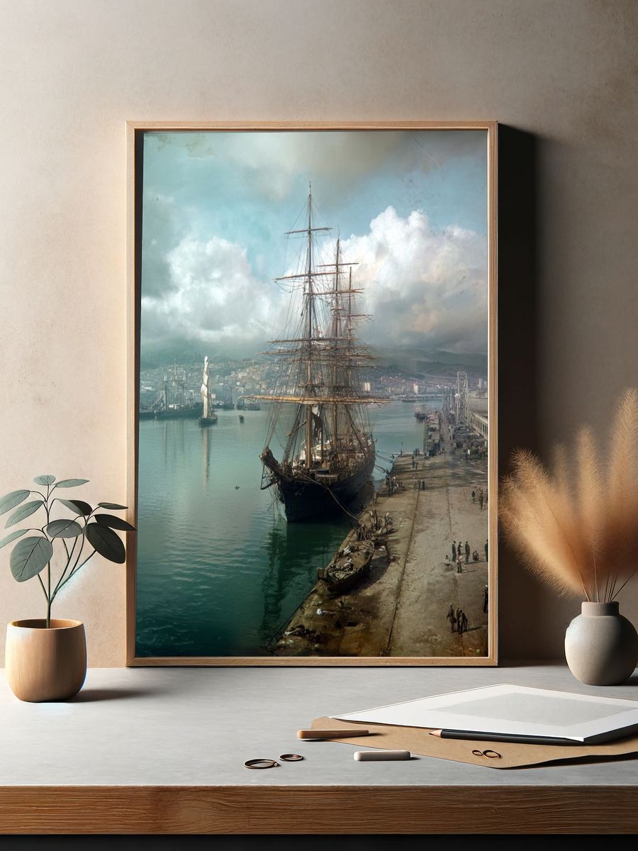 Harbor Tall Ship Vintage Print. — room view 2