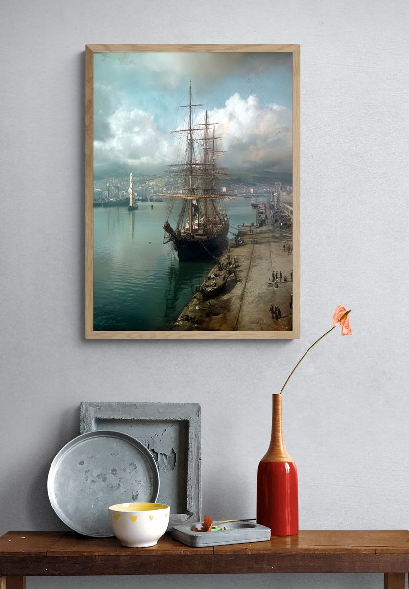 Harbor Tall Ship Vintage Print. — room view 3