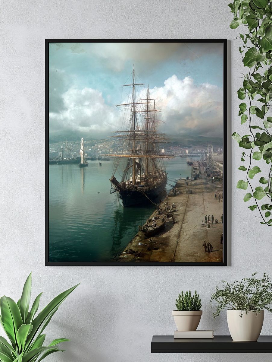 Harbor Tall Ship Vintage Print. — room view 4
