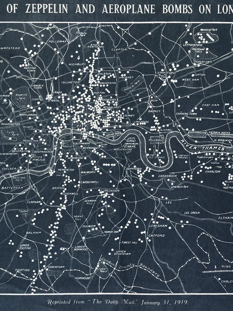 Map Zeppelin aeroplane bombs London. poster detail