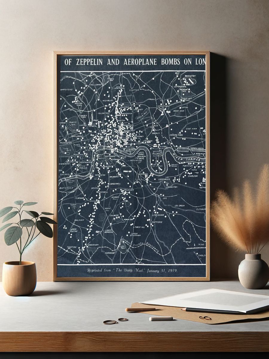 Map Zeppelin aeroplane bombs London. — room view 2