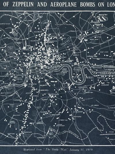 Map Zeppelin aeroplane bombs London. poster