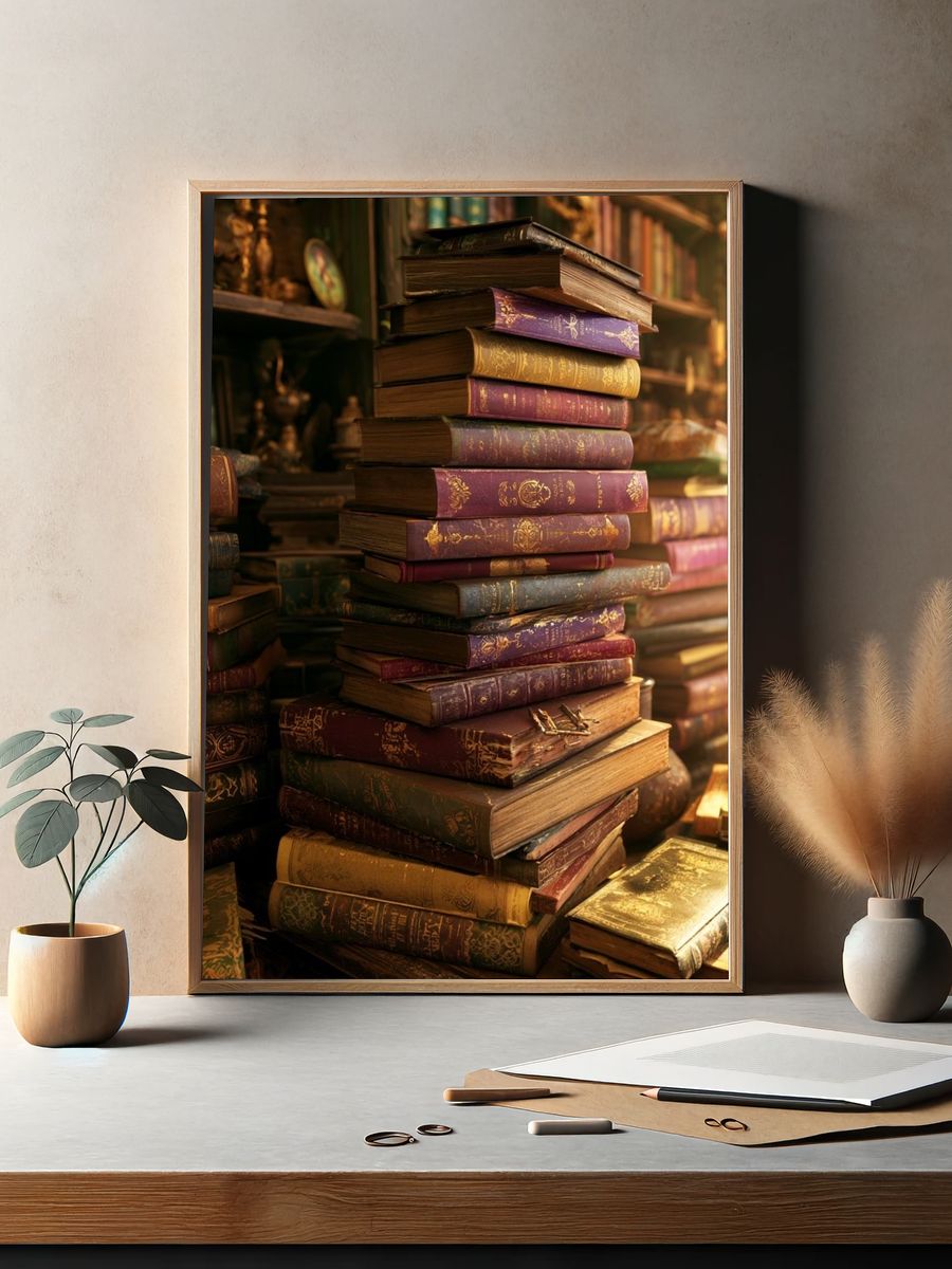 Antique Book Stack Vintage Poster. — room view 2