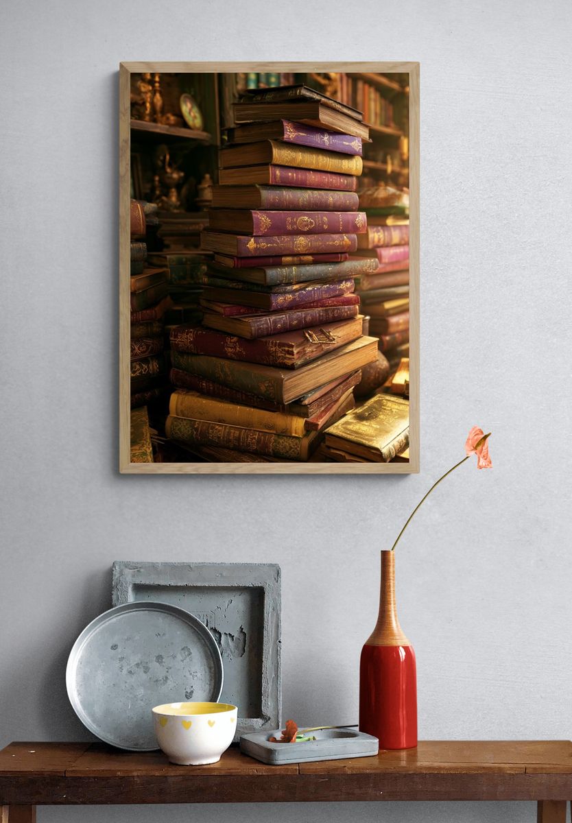 Antique Book Stack Vintage Poster. — room view 3