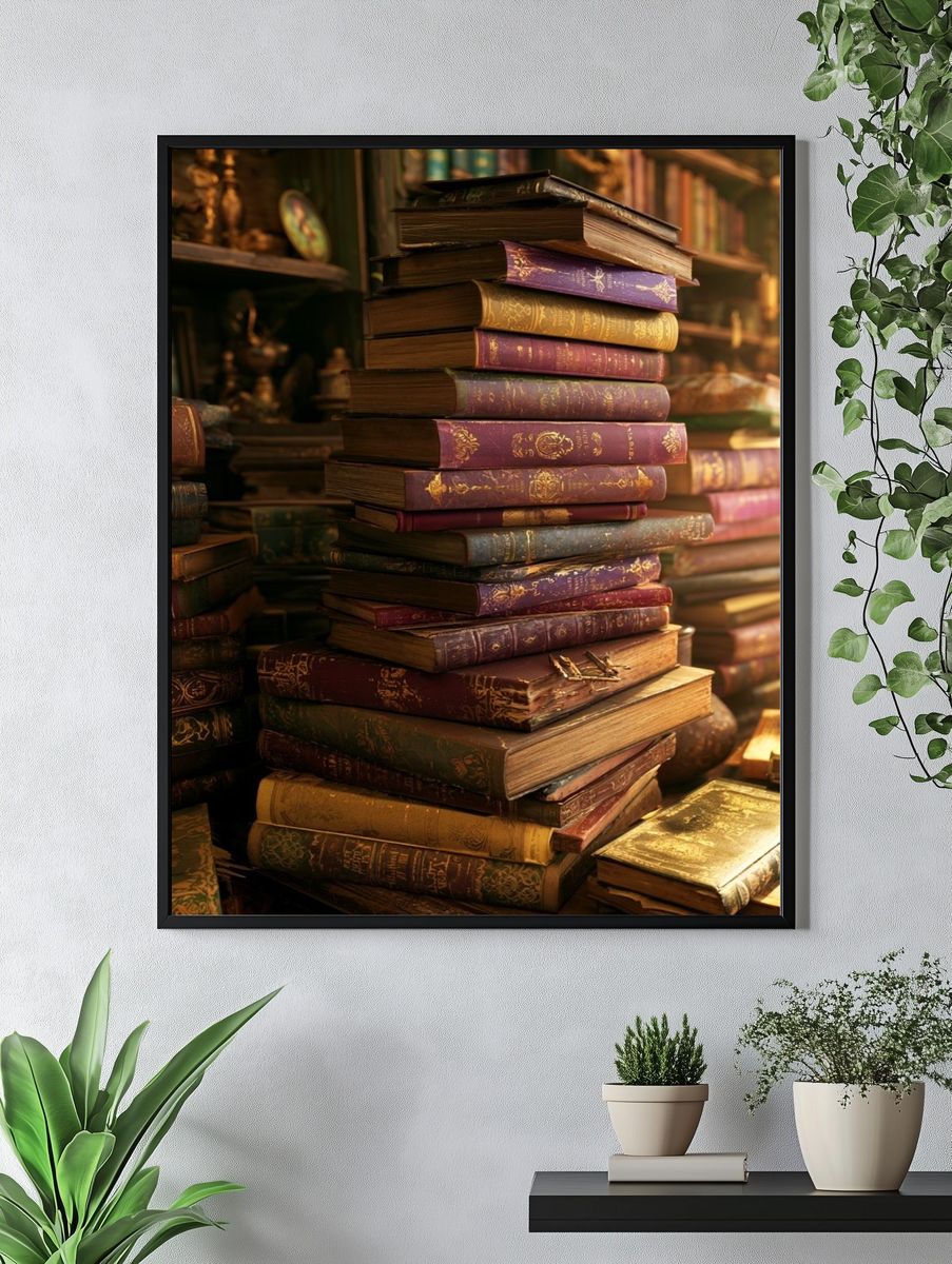 Antique Book Stack Vintage Poster. — room view 4