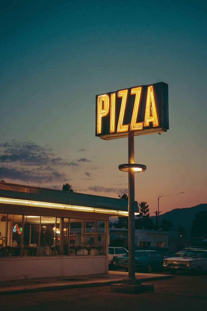 Neon Pizza Diner at Dusk Poster. poster — vintage art
