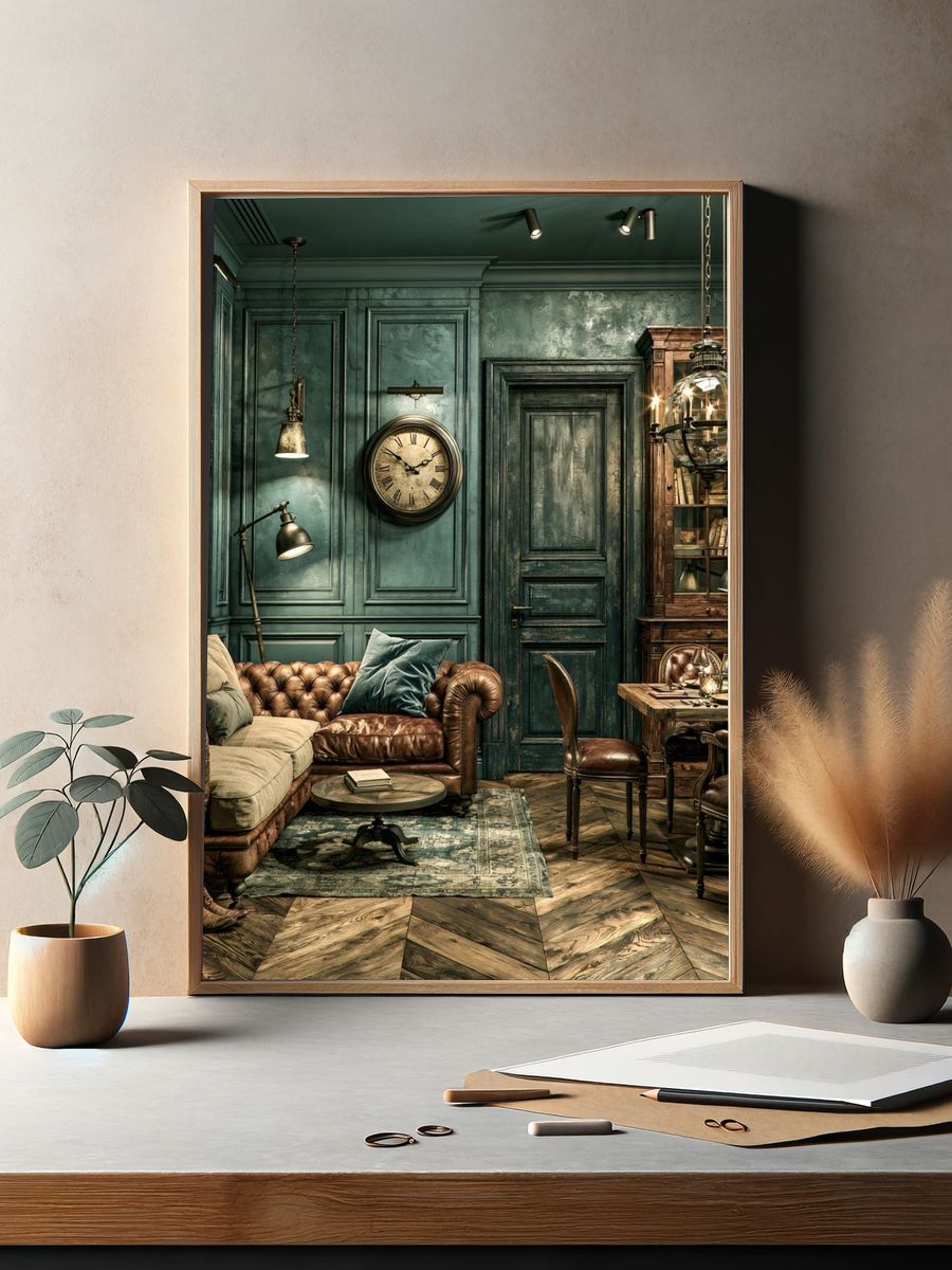 Vintage Teal Study Interior Poster. — room view 2