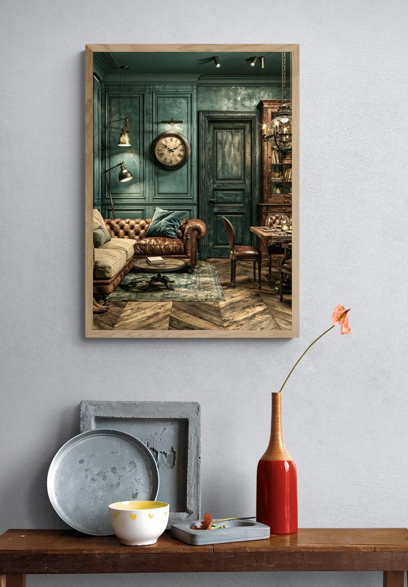 Vintage Teal Study Interior Poster. — room view 3