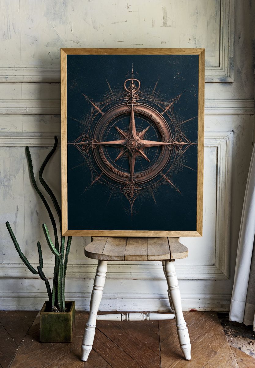 Ornate Compass — Vintage Print. room preview