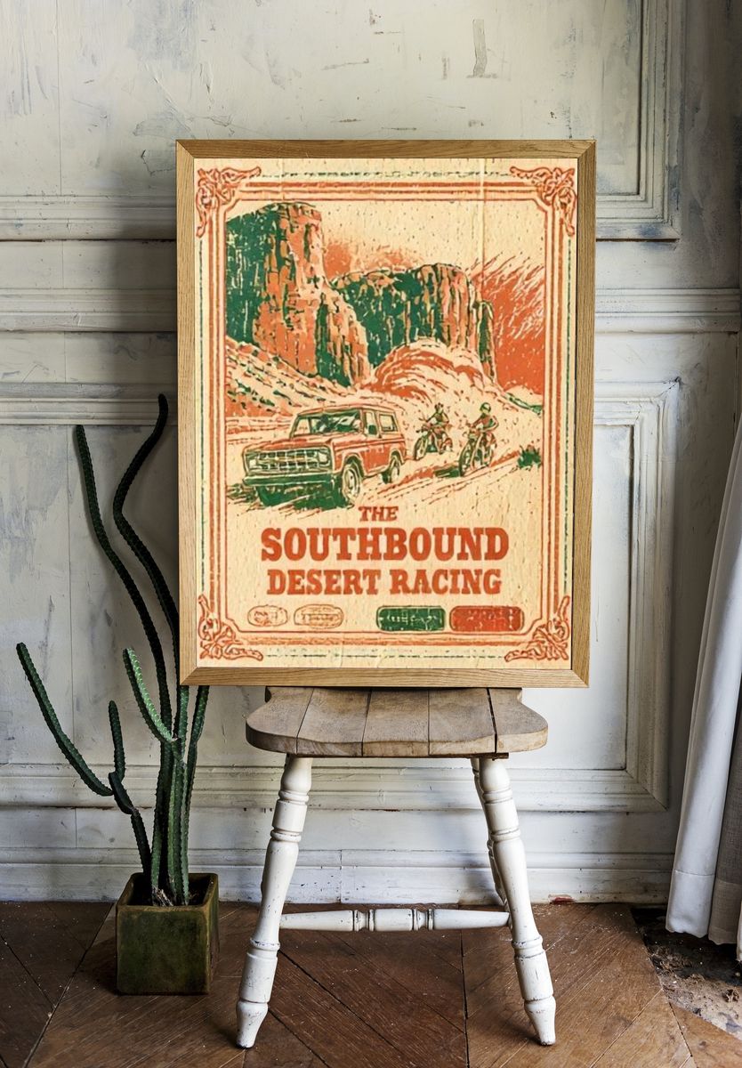 Southbound Desert Racing Vintage Poster. room preview
