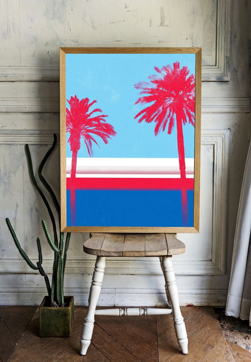 Neon Palm Sunset Poster. room preview