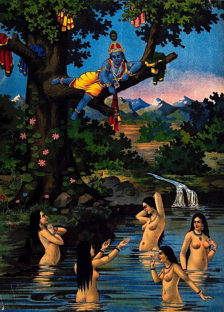 Krishna stealing cowgirls clothes watching. poster — vintage art