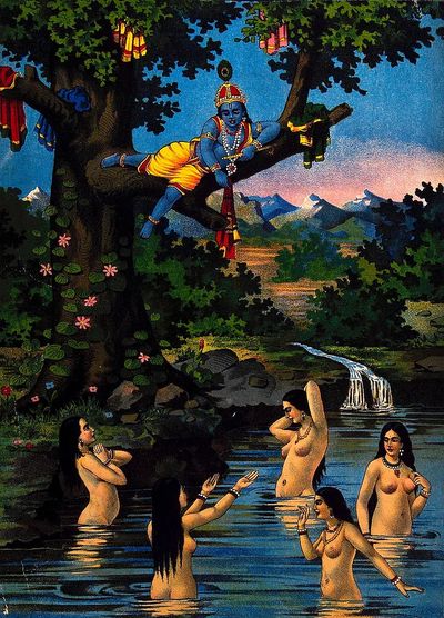 Krishna stealing cowgirls clothes watching