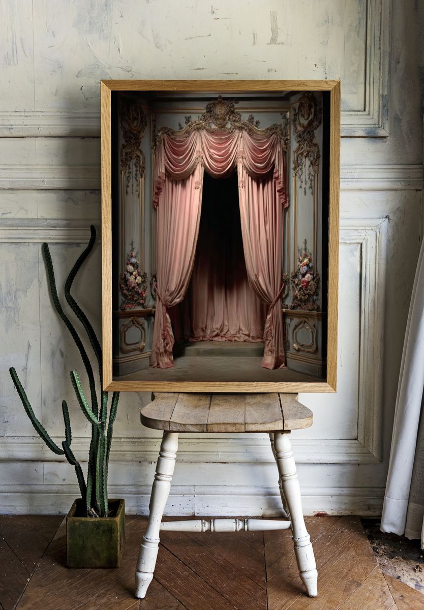 Ornate Pink Drapery Vintage Print. room preview