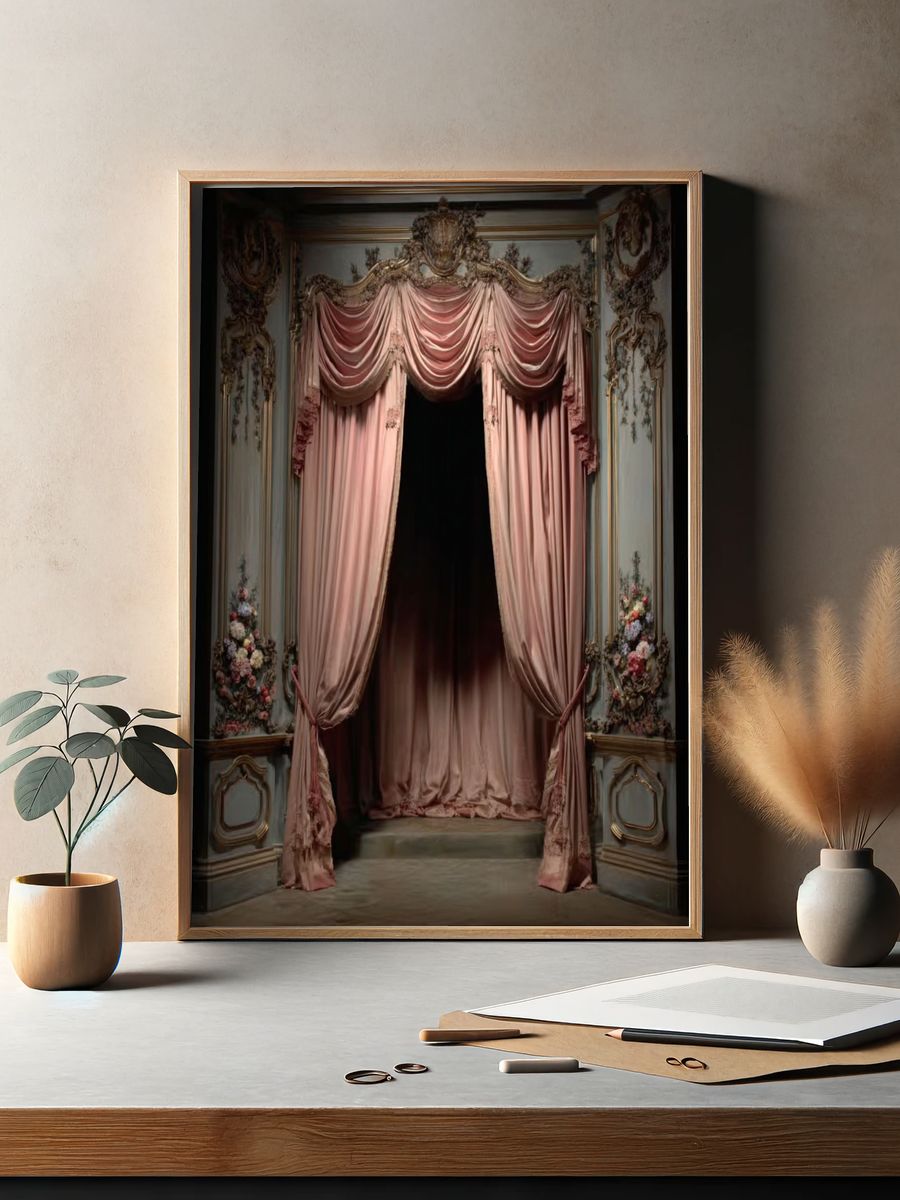 Ornate Pink Drapery Vintage Print. — room view 2