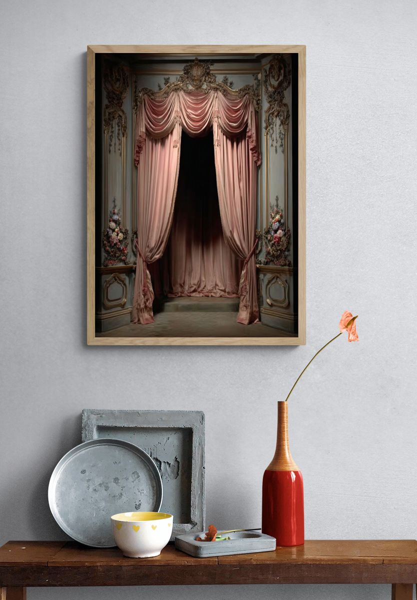 Ornate Pink Drapery Vintage Print. — room view 3