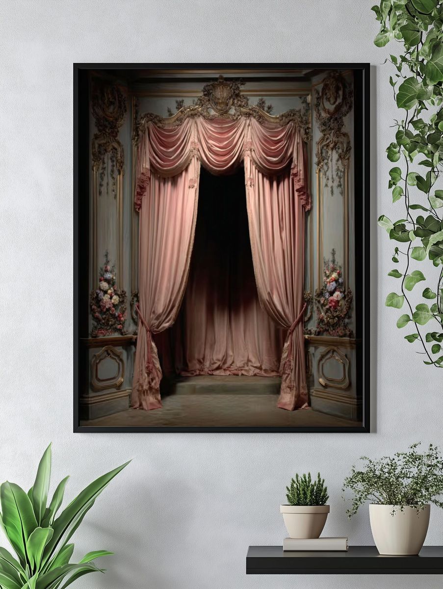 Ornate Pink Drapery Vintage Print. — room view 4